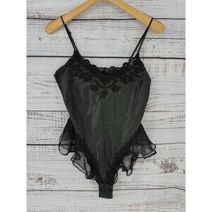 VINTAGE VICTORIA'S SECRET BLACK BEADED‎ SATIN LACE TEDDY LINGERIE BODYSUIT M